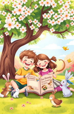 A heartwarming children's story illustration featuring two best friends, a cheerful young boy and a joyful young girl, sitting together under a large blooming tree in a vibrant park