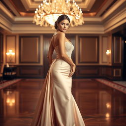 A stunning woman wearing an elegant formal dress, beautifully tailored and flowing gracefully around her