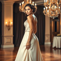 A stunning woman wearing an elegant formal dress, beautifully tailored and flowing gracefully around her