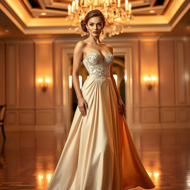 A stunning woman wearing an elegant formal dress, beautifully tailored and flowing gracefully around her