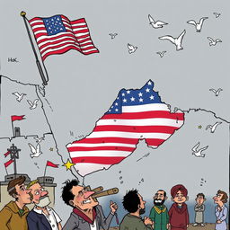 A dramatic and insightful political cartoon depicting the theme of the United States withdrawing from the Middle East