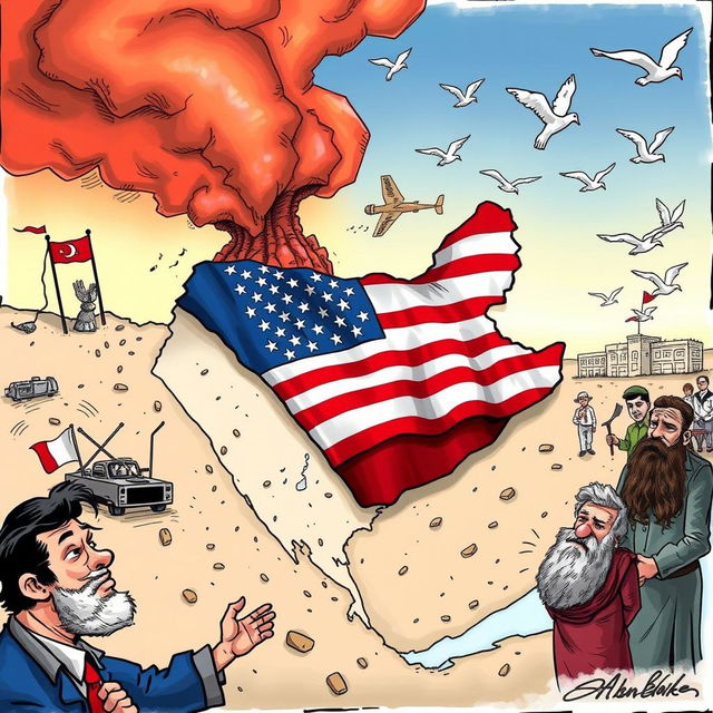 A dramatic and insightful political cartoon depicting the theme of the United States withdrawing from the Middle East