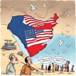 A dramatic and insightful political cartoon depicting the theme of the United States withdrawing from the Middle East