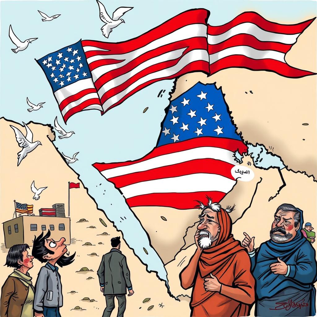 A dramatic and insightful political cartoon depicting the theme of the United States withdrawing from the Middle East