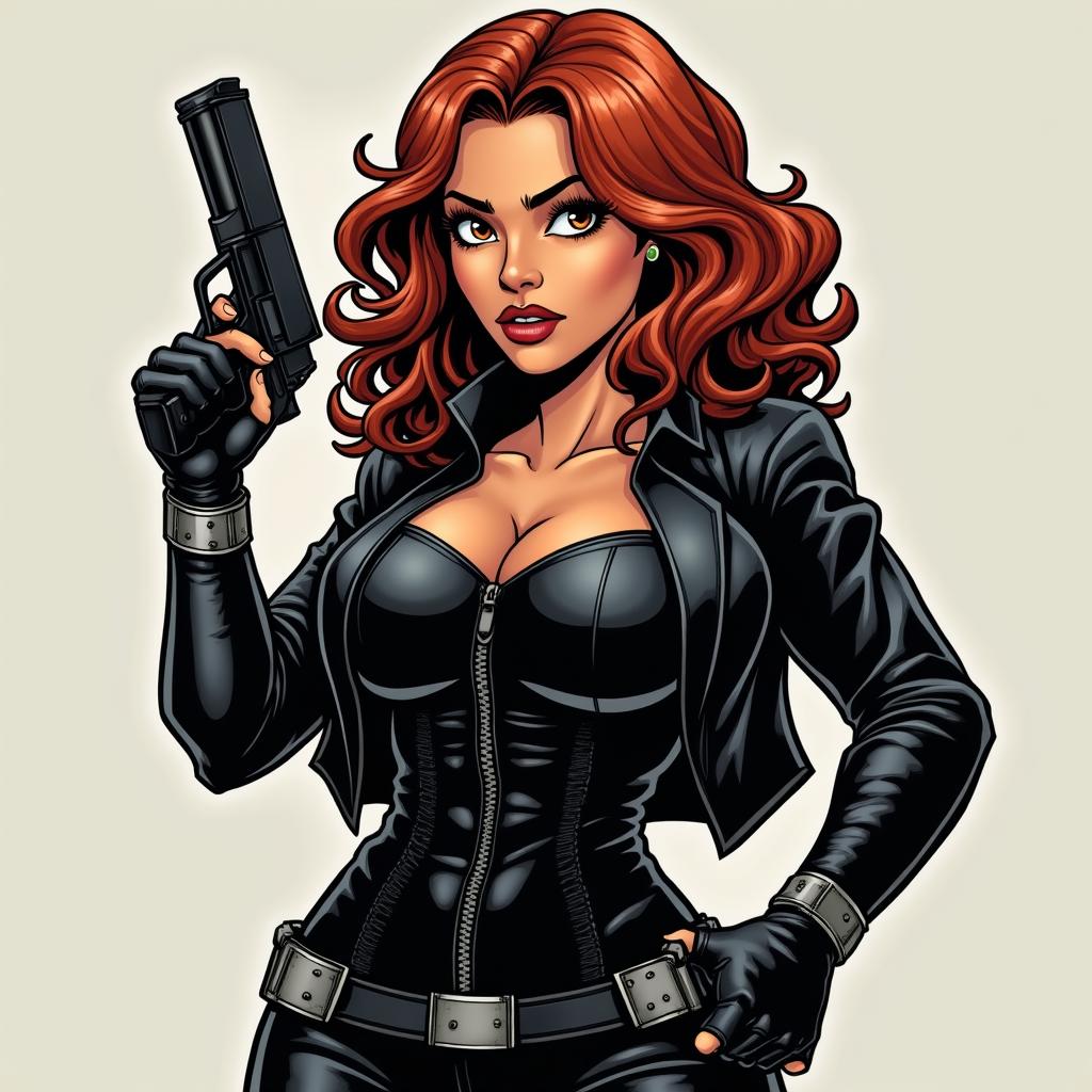 A dynamic depiction of a chubby Indian woman embodying the character Black Widow