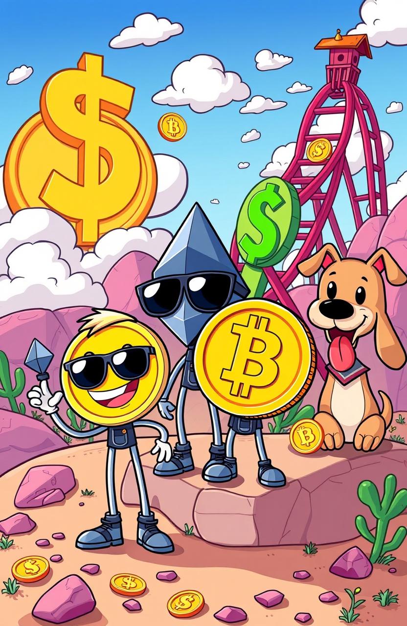 A humorous and engaging cartoon-style illustration depicting various cryptocurrencies as cartoon characters in a playful, vibrant landscape
