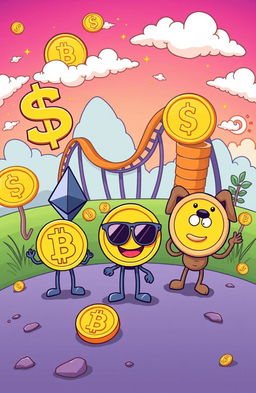 A humorous and engaging cartoon-style illustration depicting various cryptocurrencies as cartoon characters in a playful, vibrant landscape