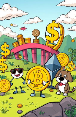 A humorous and engaging cartoon-style illustration depicting various cryptocurrencies as cartoon characters in a playful, vibrant landscape