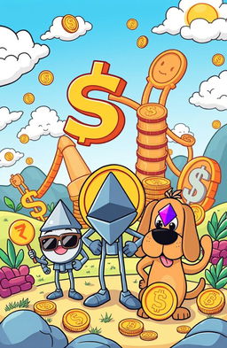 A humorous and engaging cartoon-style illustration depicting various cryptocurrencies as cartoon characters in a playful, vibrant landscape
