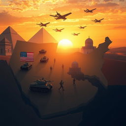 A symbolic representation of the United States withdrawing from the Middle East, featuring a large map of the Middle East, with elements representing the US military such as tanks and helicopters moving away