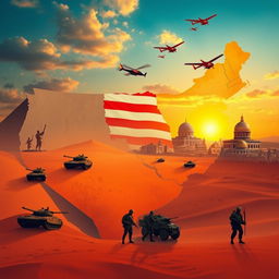 A symbolic representation of the United States withdrawing from the Middle East, featuring a large map of the Middle East, with elements representing the US military such as tanks and helicopters moving away