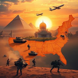 A symbolic representation of the United States withdrawing from the Middle East, featuring a large map of the Middle East, with elements representing the US military such as tanks and helicopters moving away