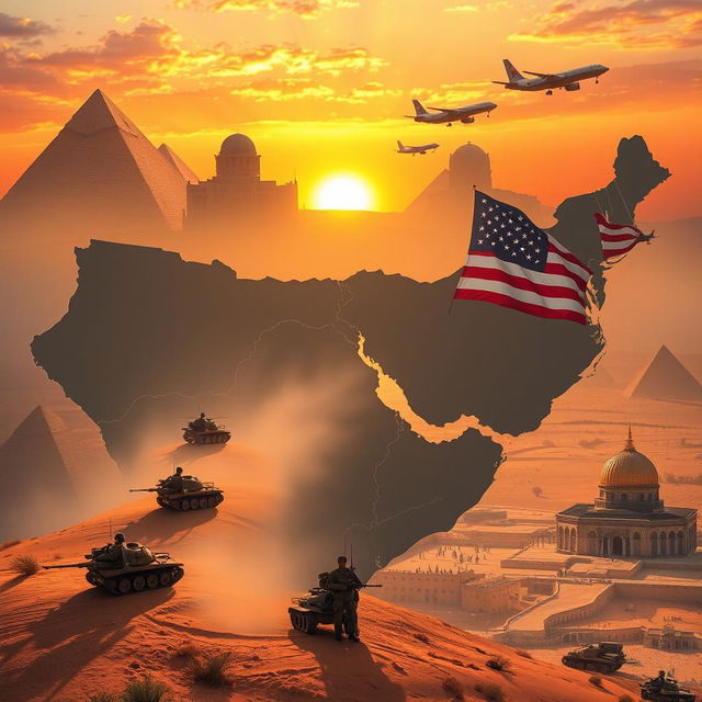 A symbolic representation of the United States withdrawing from the Middle East, featuring a large map of the Middle East, with elements representing the US military such as tanks and helicopters moving away