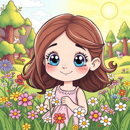 A whimsical cartoon-style illustration featuring a young girl named Débora, with bright, sparkling eyes that reflect kindness and curiosity