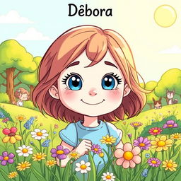 A whimsical cartoon-style illustration featuring a young girl named Débora, with bright, sparkling eyes that reflect kindness and curiosity