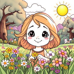 A whimsical cartoon-style illustration featuring a young girl named Débora, with bright, sparkling eyes that reflect kindness and curiosity