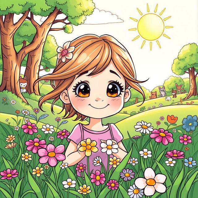 A whimsical cartoon-style illustration featuring a young girl named Débora, with bright, sparkling eyes that reflect kindness and curiosity