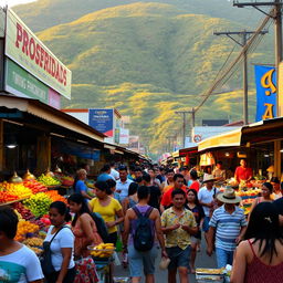 A vibrant street scene in PROSPERIDAD, featuring bustling markets with colorful stalls filled with tropical fruits, handmade crafts, and local cuisine