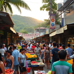 A vibrant street scene in PROSPERIDAD, featuring bustling markets with colorful stalls filled with tropical fruits, handmade crafts, and local cuisine
