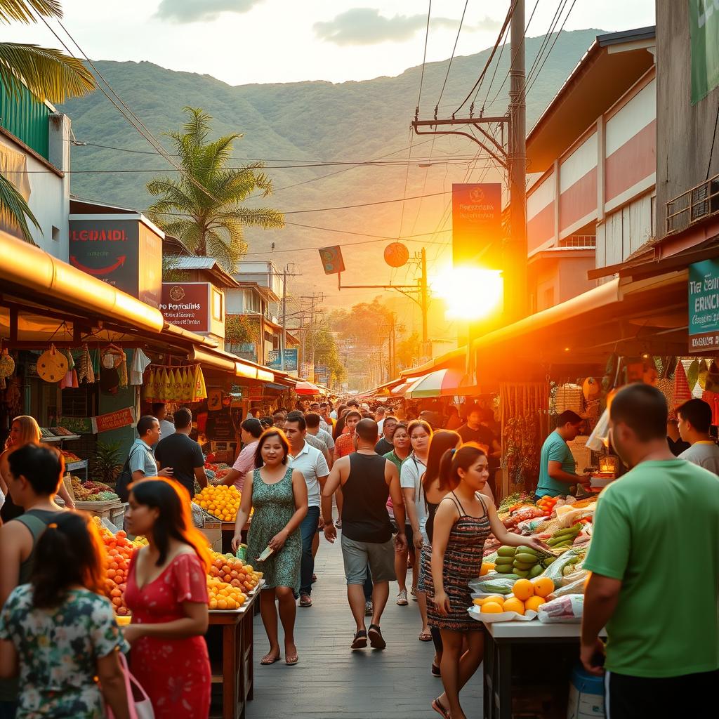 A vibrant street scene in PROSPERIDAD, featuring bustling markets with colorful stalls filled with tropical fruits, handmade crafts, and local cuisine