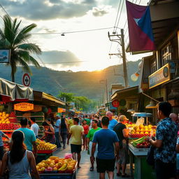 A vibrant street scene in PROSPERIDAD, featuring bustling markets with colorful stalls filled with tropical fruits, handmade crafts, and local cuisine
