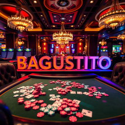 A lavish casino table featuring the text 'BAGUSTOTO' boldly displayed in a stylish font