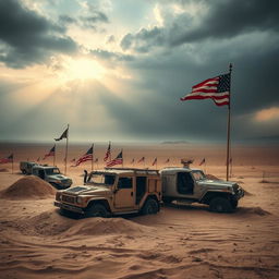 A dramatic and thought-provoking representation of America's military involvement in the Middle East, showcasing an abandoned military base amidst a desolate landscape
