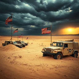 A dramatic and thought-provoking representation of America's military involvement in the Middle East, showcasing an abandoned military base amidst a desolate landscape