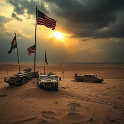 A dramatic and thought-provoking representation of America's military involvement in the Middle East, showcasing an abandoned military base amidst a desolate landscape