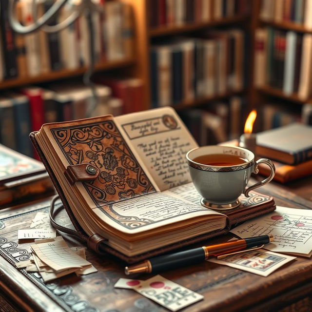 An intricately designed diary displayed on a vintage wooden desk