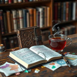 An intricately designed diary displayed on a vintage wooden desk