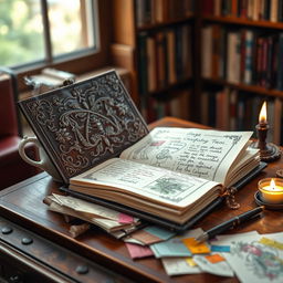 An intricately designed diary displayed on a vintage wooden desk