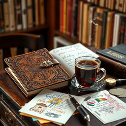 An intricately designed diary displayed on a vintage wooden desk