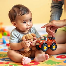 A 18-month-old child sitting on a colorful play mat