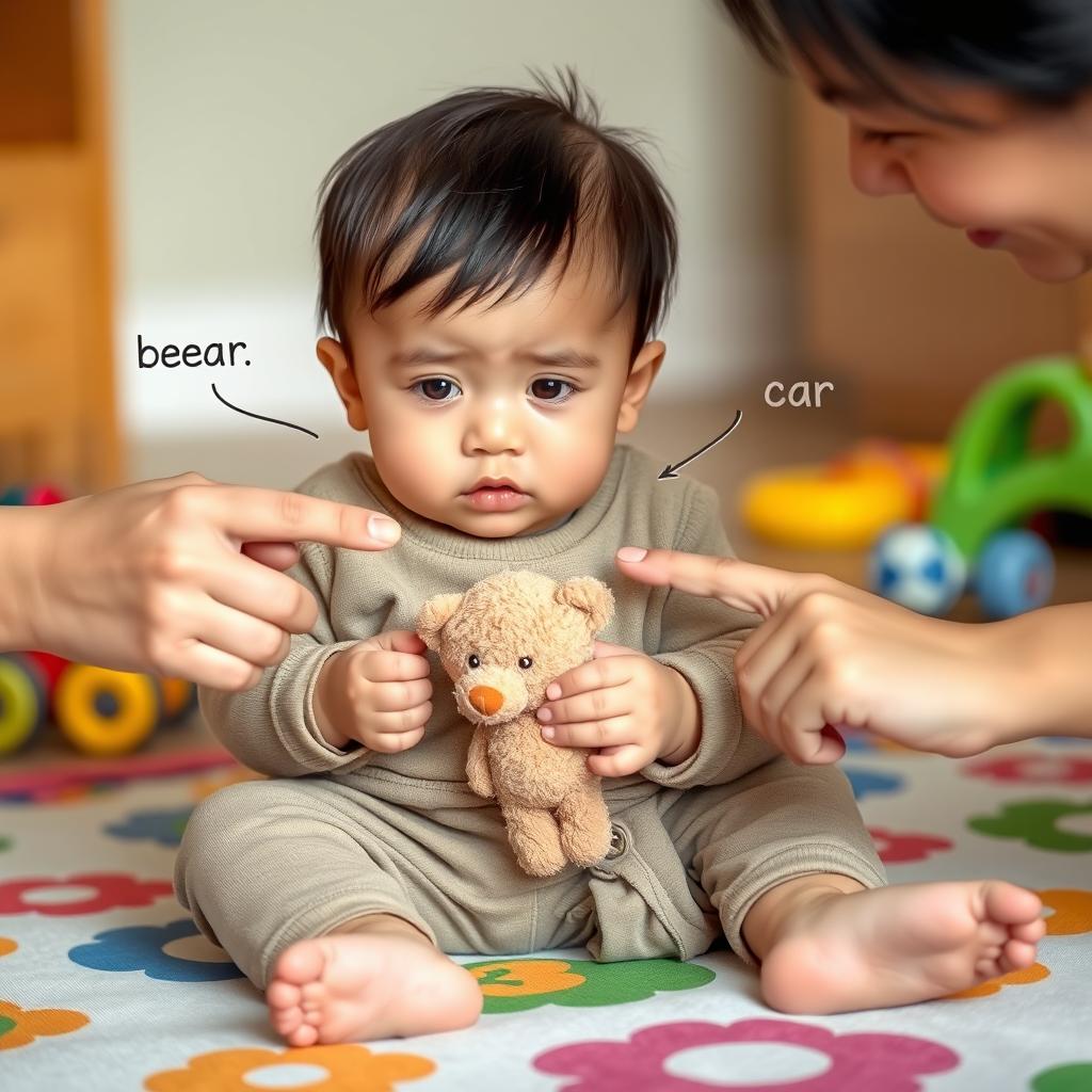 A 18-month-old child sitting on a colorful play mat