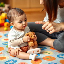 A 18-month-old child sitting on a colorful play mat