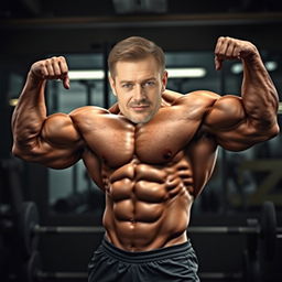 A muscular bodybuilder in a dynamic pose, showcasing impressive biceps and a well-defined physique