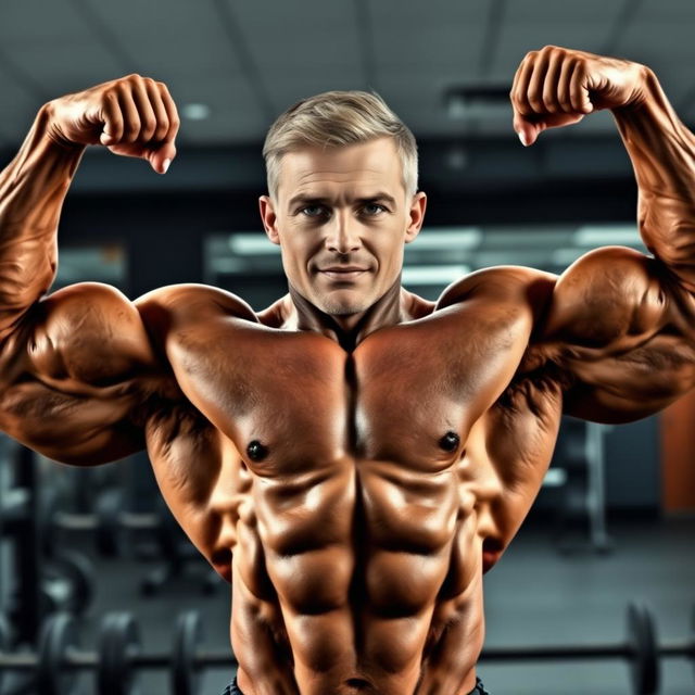 A muscular bodybuilder in a dynamic pose, showcasing impressive biceps and a well-defined physique