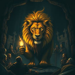 A fierce and detailed lion in the center of the poster, its golden mane dramatically illuminated by torchlight