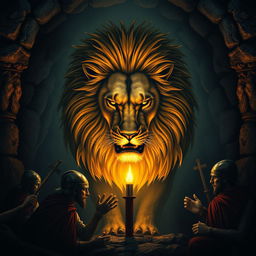 A fierce and detailed lion in the center of the poster, its golden mane dramatically illuminated by torchlight