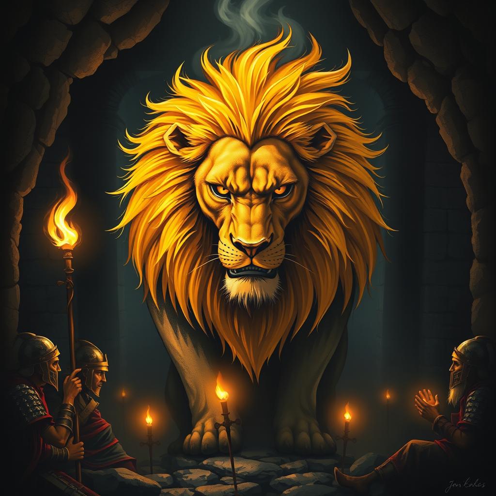 A fierce and detailed lion in the center of the poster, its golden mane dramatically illuminated by torchlight