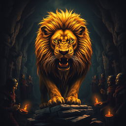 A fierce and detailed lion in the center of the poster, its golden mane dramatically illuminated by torchlight