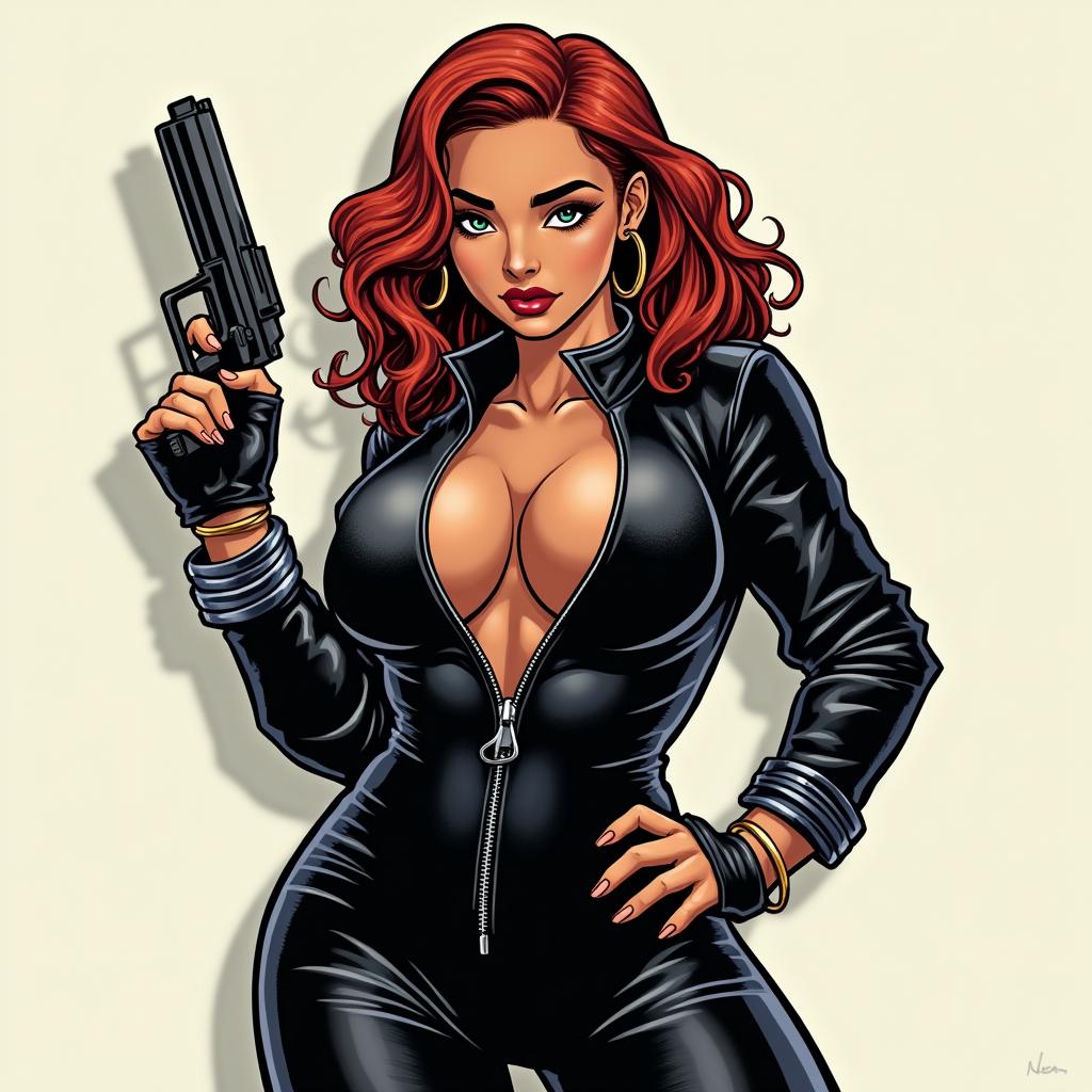 A dynamic depiction of a chubby Indian woman embodying the character Black Widow