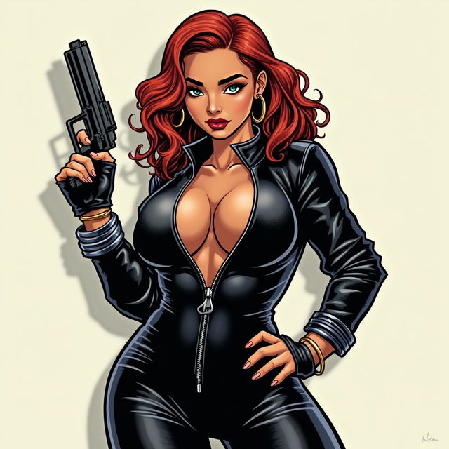 A dynamic depiction of a chubby Indian woman embodying the character Black Widow