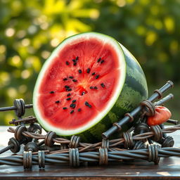 A still life composition featuring a large, juicy watermelon partially sliced open, revealing its bright red inner flesh and black seeds