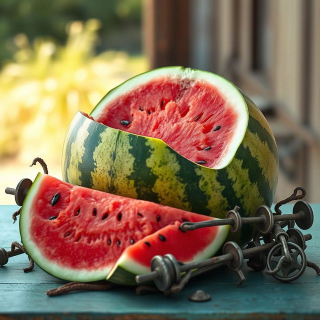 A still life composition featuring a large, juicy watermelon partially sliced open, revealing its bright red inner flesh and black seeds