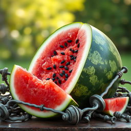 A still life composition featuring a large, juicy watermelon partially sliced open, revealing its bright red inner flesh and black seeds