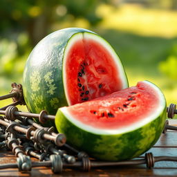 A still life composition featuring a large, juicy watermelon partially sliced open, revealing its bright red inner flesh and black seeds
