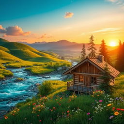 A serene and picturesque landscape featuring lush green hills, a flowing river with crystal-clear water, and a vibrant sunset casting warm orange and pink hues over the scene