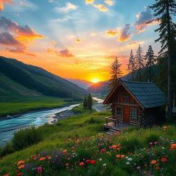 A serene and picturesque landscape featuring lush green hills, a flowing river with crystal-clear water, and a vibrant sunset casting warm orange and pink hues over the scene